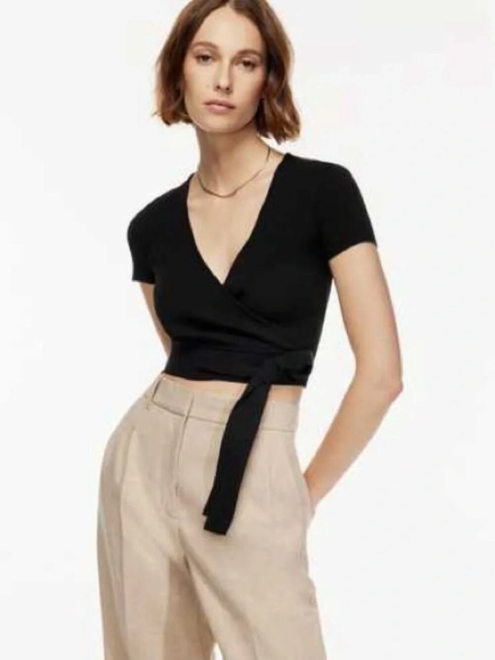 Little Moon Women's Black All Tied Up V-Neck Ribbed Wrap Crop Top Size S